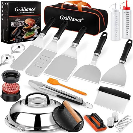 Grilliance 27PCS Spatule Plancha Accessoires pour Hommes, Teppanyaki Grill Set d'ustensiles de Barbecue INOX, Hibachi Smasher Bu