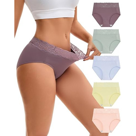 INNERSY Culotte Femme Coton Dentelle Taille Haute Slip pour Femmes Élastique sous-Vêtements Lot de 5