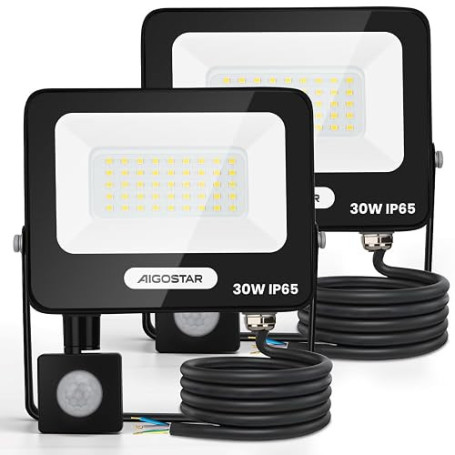 Aigostar 30W Projecteur LED Extérieur avec Détecteur de Mouvement,2 Pièces,2750LM Ultra Mince Spot LED,Lumière de Sécurité Etanc