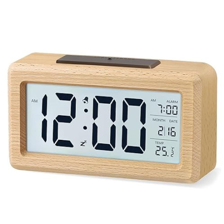 aboveClock Réveil Numérique en Bois, Réveil LCD Horloge Digitale sans Tic-tac avec Affichage Date, Température, Fonction Snooze,