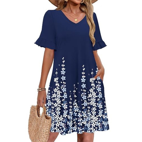 Zeagoo Robe trapèze d'été avec col en V et manches courtes et volants et poches pour femme, taille S à XXL