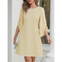 Cicy Bell Robe de cocktail élégante à col rond pour femme - En maille - Manches 3/4 - Couleur unie - Robe décontractée - Robe d'