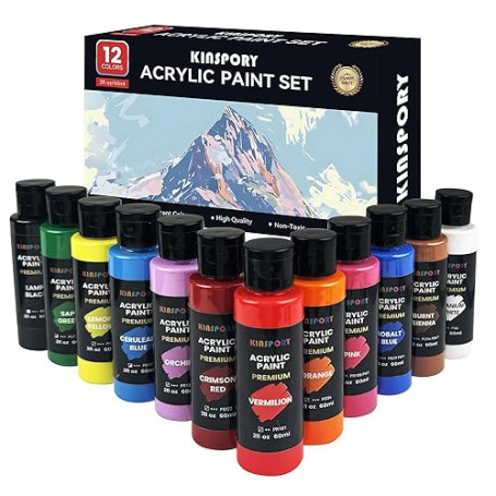 KINSPORY Peinture Acrylique 12 x 60 ml - Résistant à l'Eau, Certifié Sécurité - Pour Toile, Pierre, Bois, Tissu. Idéal pour Arti