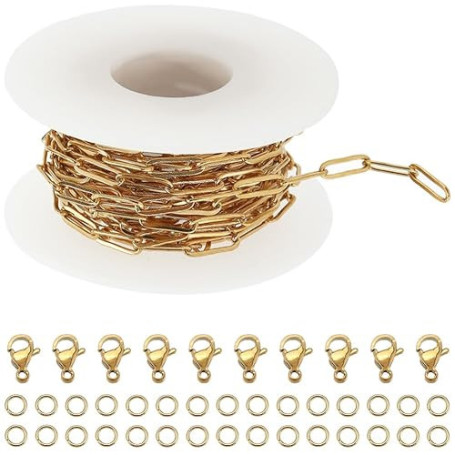 SUNNYCLUE 4x12mm 5m Chaîne de Trombone Chaîne en Acier Inoxydable Doré Plaqué Or 18 carats Collier avec 10pcs Fermoirs et 30pcs