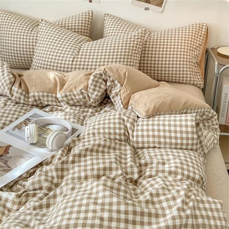 Michorinee Housse de Couette Carreaux Vichy 220x240 Beige Marron - Parure de Lit Adulte 2 Personnes en Microfibre - Linge de Lit