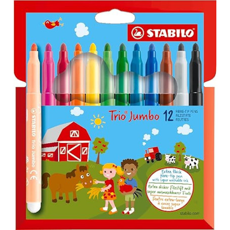 STABILO Trio Jumbo - Feutre de coloriage - Étui carton x 12 feutres pointe large - Coloris assortis
