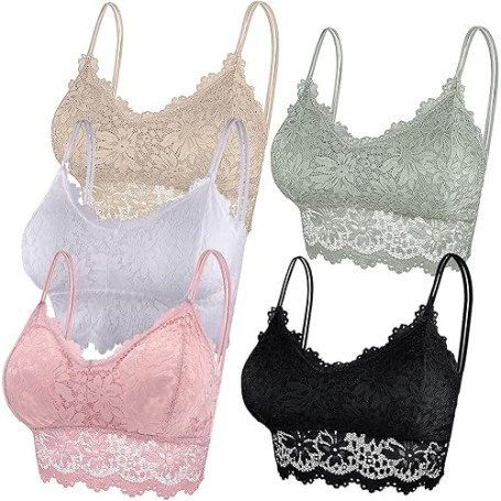 Duufin 5 Pièces Bralette en Dentelle avec Coussinets Amovibles Bralette pour Femme et Fille, 5 Couleurs