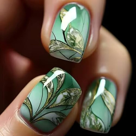 Viugex 24 Pièces Faux Ongles Court Carrés, Brillant Press on Nails Dégradé Vert Français Acrylique Ongles à Coller avec Fleurs D