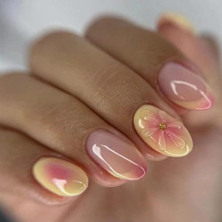 GlamRays Ongles à Presser Courts Amande French Tip Faux Ongles Faux Ongles avec Design Fleur 3D Jaune & Rose Ongles à Coller Bri
