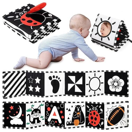 URMYWO Livre Tissu bébé 0-3-6-12 Mois,Livre Noir et Blanc Bébé Montessori,Livre de Haute Contraste en Tissu Sensoriel Bébé Naiss