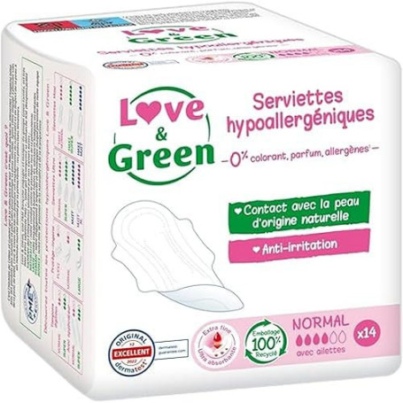 Love & Green Serviettes hygiéniques, écologiques et hypoallergéniques - certifiées Ecolabel et Dermatest - "NORMAL" x 14: Sans c