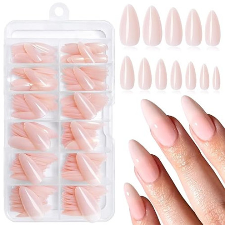 LunarCharm Lot de 240 faux ongles à presser en acrylique couleur amande nude moyenne