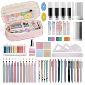 MOSTFUN Lot de 108 Fourniture Scolaire Esthétiques avec Rose Trousse, 12 Surligneurs Pastel, 4 Stylos Effaçables, 5 Stylos Gel,