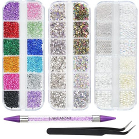 Strass Ongles Nail Art, EARLMONI 5200 Strass Cristal AB Flatback Rhinestone avec Perles, Kit Bedazzling avec Stylo à Cire Double