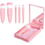 Kit de Pinceaux de Maquillage Portable, Set de 5 Pièces avec Miroir, Boîte de Rangement, Idéal pour Voyages (Pink)