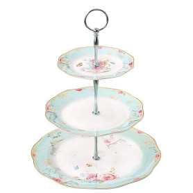 YBK Tech Présentoir à gâteaux vintage à 3 étages en porcelaine Bleu clair