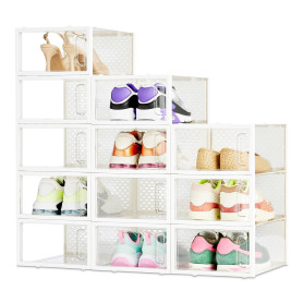 Amazon Basics - Lot de 12 boîtes de rangement empilables et pliables pour chaussures, taille S, Transparent