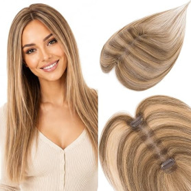 S-noilite Topper Cheveux Humain Femme Frange Rideau 10g 25cm Brun Moyen/Blond Foncé – Base Lace 3x13cm Tissée Main, Volumateur C