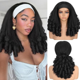 WIGNEE Perruque Serre-Tête Bouclée Yaki Sans Colle Femmes Noires | Demi-perruque pour femmes noires 16 pouces, volume important,