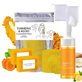Ensemble Trois Pièces pour Lavage et Soins au Curcuma, Nettoyant Facial Avec Brosse, Tampons Gommants pour le Visage, Pain de Sa