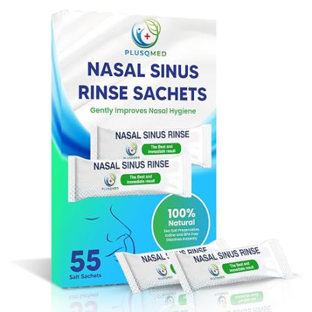 PLUSQMED Boîte de 55 sachets de sel de rinçage nasal de 2,7 g, sel de pot Neti, sel d'irrigation nasale, soulagement des sinus,