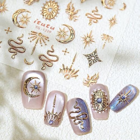JMEOWIO Sticker 3D pour ongles avec lune dorée, étoile de serpent, autocollant, 5D, stéréoscopique, décoration pour ongles, acce