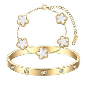 TENGWA Plaqué 18K Bracelet Femme 2 Pièces Bijoux Trèfle Porte-Bonheur Cadeau Femme Bracelets Empilables pour Les Mariages Annive