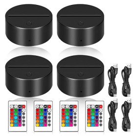 PORFOYO Socle de lampe de nuit LED 3D, 4 pièces 3D Veilleuse Socle avec télécommande Câble USB, Base LED, Socle de lampe LED 3D,
