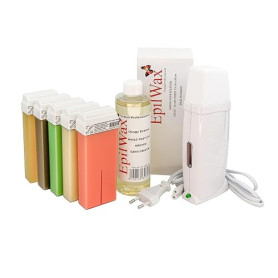 EpilWax - Kit Chauffe Cire Épilation Professionnelle avec 5 x Recharges Roll on Cire Chocolat/Vanille/Rose/Miel/Alèo Vera, 100 x