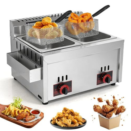 Friteuse à gaz commerciale, 6 l + 6 l, double friteuse à gaz commerciale | avec 2 petits et 2 couvercles, chauffage rapide, temp