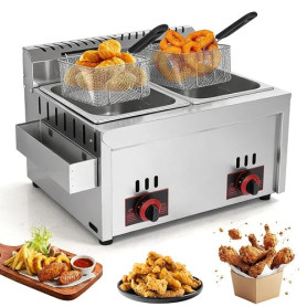 Friteuse à gaz commerciale, 6 l + 6 l, double friteuse à gaz commerciale | avec 2 petits et 2 couvercles, chauffage rapide, temp