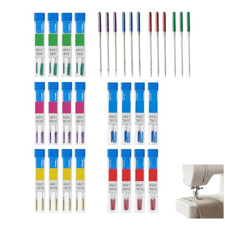 Lot de 75 aiguilles universelles pour machine à coudre – 5 tailles HAX1 65/9, 75/11, 90/14, 100/16, 110/18 avec code couleur – C