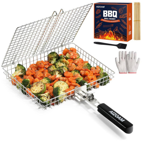 AIZOAM Panier de barbecue – Paniers de barbecue pour barbecue extérieur, grand panier de barbecue en acier inoxydable avec poign