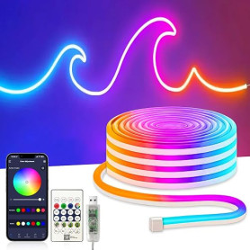 ezmyma Neon Rubans LED 5M, Bandes LED RGBIC, Contrôle Intelligent par App, Flexible Étanche Découpable, Synchronisation Musique,