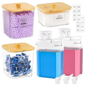 Yorbay Stockage Détergent Distributeur Transparent: Lot de 5 Unités | avec Gobelet Doseur et Étiquettes - Récipient avec Couverc