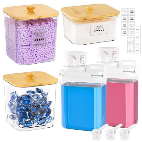 Yorbay Stockage Détergent Distributeur Transparent: Lot de 5 Unités | avec Gobelet Doseur et Étiquettes - Récipient avec Couverc