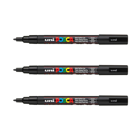 POSCA PC3M, 3 Marqueurs peinture base eau - Tout Support - Noir | Uni Mitsubishi Pencil - Pointe fine conique 0,9-1,3mm. Couleur