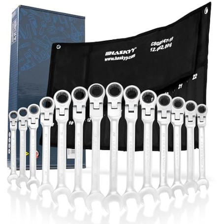 HASKYY Jeu de Clés Mixtes à Cliquet Articulées 14 Pièces 8–22 mm – Tête Flexible 180°, Cliquet 72 Dents, Acier Chrome Vanadium,