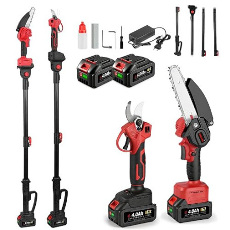 ONEVAN Elagueuse sur perche, 4 en 1 coupe branche 2 batteries 4Ah | Autonomie 50min, Ouverture 3cm, 15cm Tronçonneuse, Perche té
