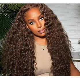 Perruque Femme Naturelle Bouclée 13x4 Lace Wig Human Hair Water Wave 18Inch | Chocolate Brown Bresilienne Cheveux Humain Curly L