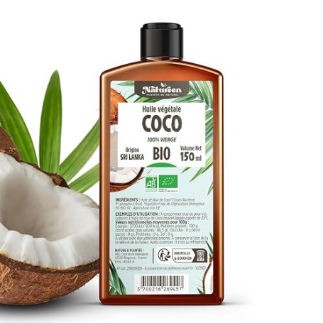 Huile de Coco Bio 150 ml - 100% Vierge - Planète au Naturel - Première pression à frois - 100% biologique - Cuisine et cosmétiqu