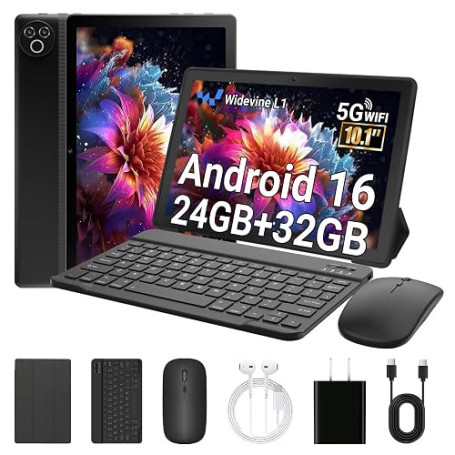 Laptok Tablette 10 Pouces, Android 16 Tablette avec 32 Go ROM+1 to TF, 6000 mAh, WiFi 6, Bluetooth 5.4, Widevine L1, Tablette Ta