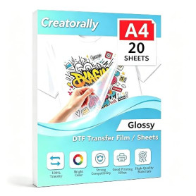 Creatorally Lot de 20 feuilles de transfert DTF brillant A4 (210 × 297 mm) – Film PET DTF brillant des deux côtés pour imprimant