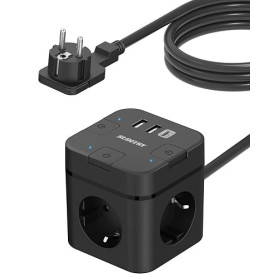SUDEERY Cube multiprise avec USB C, 3 prises - Fiche plate avec interrupteur individuel - Multiprise avec câble de 2 m - 1 multi