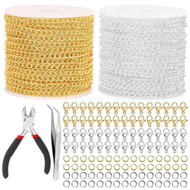 poraceous 2 Rouleau 10m Chaine Acier Inoxydable, Chainette Acier Inoxydable | Chaine Bijoux avec 60 Fermoirs & 120 Anneaux Kit C