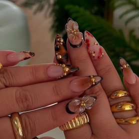GlamRays 24 pièces 3D Fleurs Faux Ongles Brun Doré Léopard Ombré Press on Ongles Semi-Faits Main Automne Hiver Fêtes Gel Acryliq