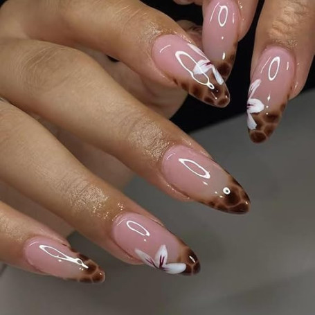 Faux Ongles Court MouyouGlow,Amande Nude Rose Leopard French Fleurs de Cymbidium Fleurs Ressort Automne Press on Nails avec Coll