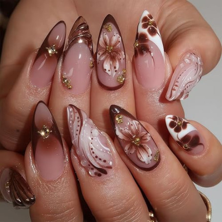 Bubaxuce Conseils Français Faux Ongles Taille Moyenne En Amande Avec Design Charme Fleur 5D Ongles Autocollants Brillants Marron