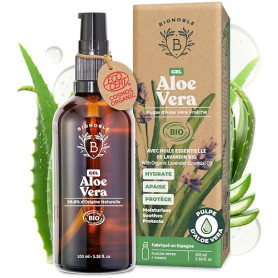 BIONOBLE Gel Aloe Vera Pur Bio 97%, Cheveux, Coup de Soleil, Visage - 100ml | Hydrate, Apaise - Avec Huile Essentielle de Lavand