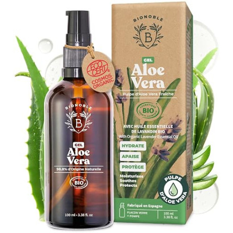 BIONOBLE Gel Aloe Vera Pur Bio 97%, Cheveux, Coup de Soleil, Visage - 100ml | Hydrate, Apaise - Avec Huile Essentielle de Lavand